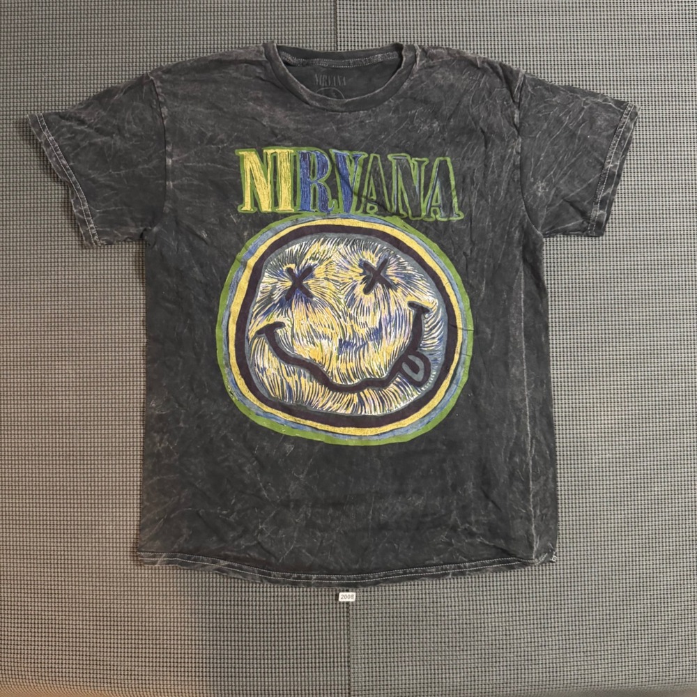 Nirvana Smiley Face Graphic T-Shirt Charcoal Acid Wash Grey Medium Sketched Logo